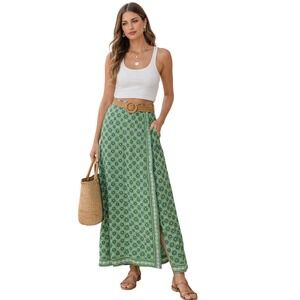 Max Studio Green Geometric Tile Print Maxi Skirt Size M Elastic Waist Boho